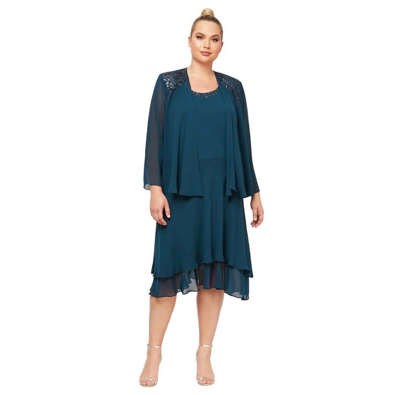 S.L. Fashions Women's Mother of The Bride Dress with Embellished Neckline & Shoulder, Wedding Guest Special Occasion, Mid Teal, 18