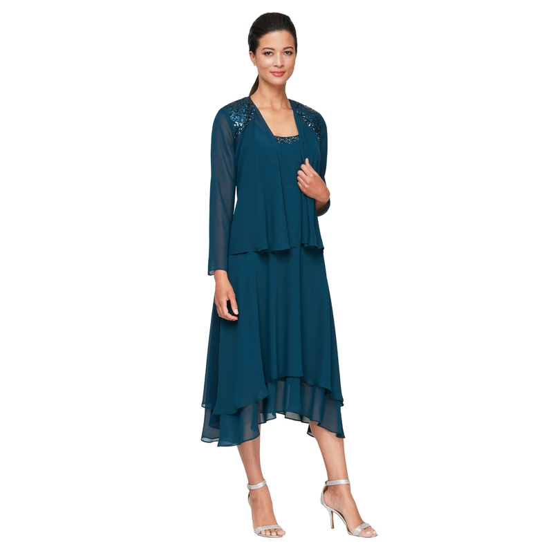 S.L. Fashions Women's Embellished Shoulder and Neck Jacket Dress Special Occasion, Mid Teal, 22
