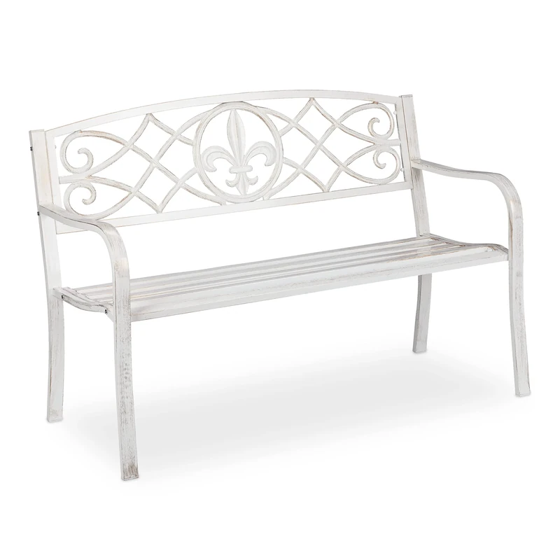 Relaxdays ornate garden bench, 2 seater, made of metal, Cast iron backrest, fleur-de-lis, 86x127x57 cm, outdoor, white, Steel, 86x127x57cm - Image 1