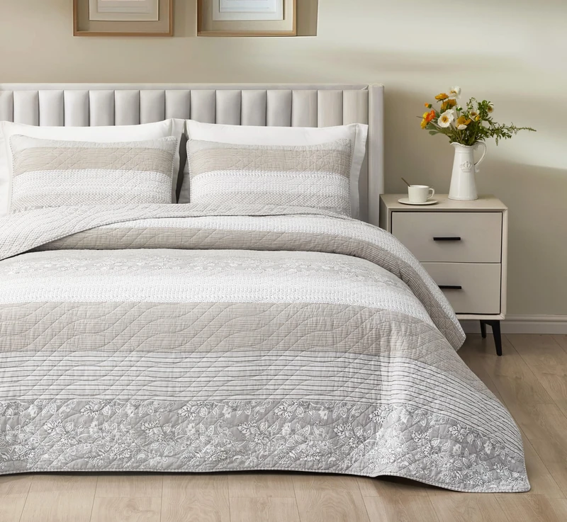 Chezmoi Collection Robyn 3-Piece Neutral Taupe Gray White Floral Hibiscus Flower Patchwork Striped Quilt Set - Pre-Washed Cotton Coverlet - Lightweight Reversible Bedspread, Queen Size