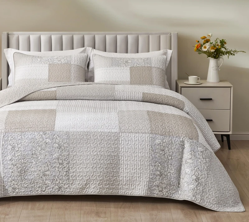 Chezmoi Collection Quinn 3-Piece Neutral Taupe Gray White Floral Hibiscus Flower Candy Stripe Patchwork Quilt Set - Pre-Washed Cotton Coverlet - Lightweight Reversible Bedspread, Queen Size