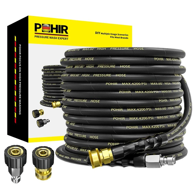 POHIR Pressure Washer Hose 50 ft with 3/8 Inch Quick Connect, Kink Resistant High Tensile Wire Braided,with 2 pcs M22 14mm Adapter Set, 4200 PSI Power Washer Hose