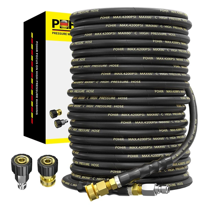 POHIR Power Washer Hose 100FT 3/8'' High Tensile Wire Braided Car Wash Water Hose, 1/4 Inch, Black, Synthetic Rubber, 4200 PSI, 2 Quick Connect Kits - Image 1