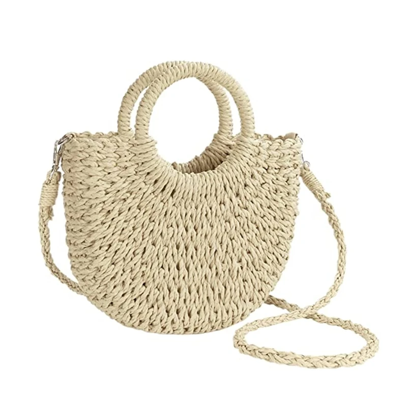 JOLLQUE Straw Beach Bag - Beige Woven Crossbody Tote, Small Size