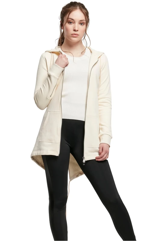 URBAN CLASSICS Women's Long Hoodie Parka, Long Jumper with Drawstring Zip, Long Sleeves Jumper with Large Pockets & Elasticated Cuffs, Long Cardigan with Hoodie, Colour: Whitesand, Size: Medium