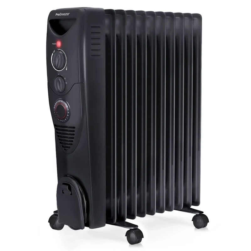 Pro Breeze Oil Filled Radiator with 11 Fins - Slim Electric Radiator - Portable Oil Heater with Built-in 24 Hour Timer, 3 Heat Settings, Adjustable Thermostat (Black Radiator)