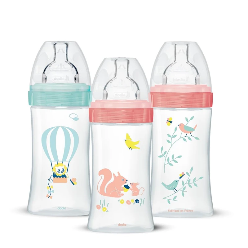 Dodie Sensation+ Anti-Colic Feeding Bottles, 270 ml, 0-6 Months, Flat Teat, Medium Flow, Pink, 3 Pack