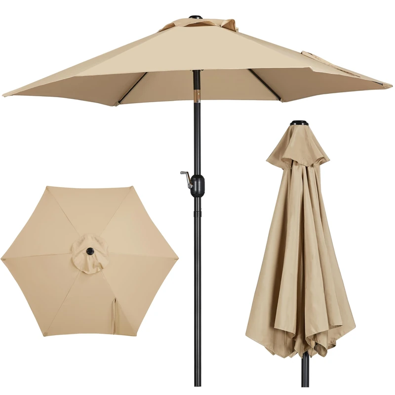 Yaheetech Garden Parasol Umbrella 2.3M Patio Table Umbrella Outdoor Sun Shade for Patio Garden with Crank Handle & 6 Metal Ribs for Backyard/Deck - Tan