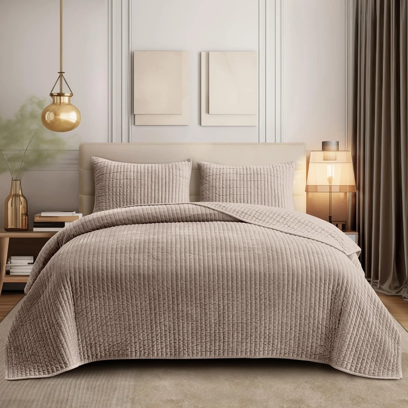 SHALALA Velvet Quilt Queen Size,Striped Bedding Set,Lightweight Velvet Comforter,Luxurious Suede Bedspread and Coverlet with Soft Brushed Microfiber Back for All Season(Light Taupe,Full/Queen)