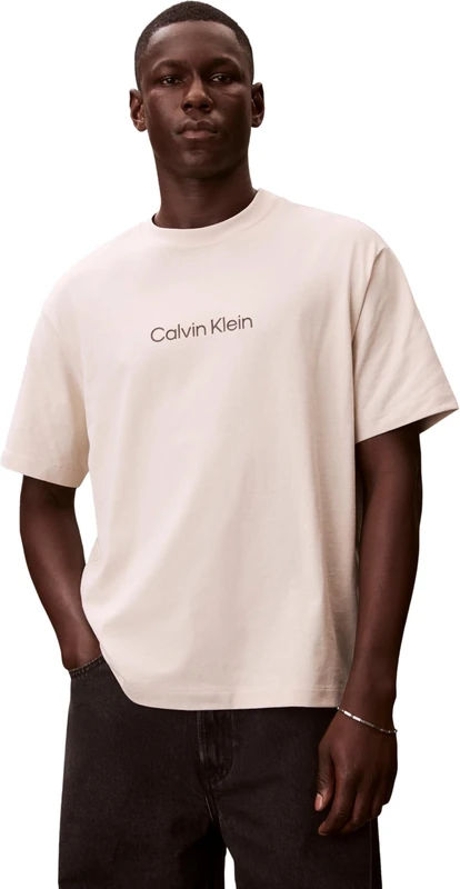 Calvin Klein Men’s T-Shirt Short Sleeve Standard Logo with Round Neckline, Beige (Oatmeal), 3XL