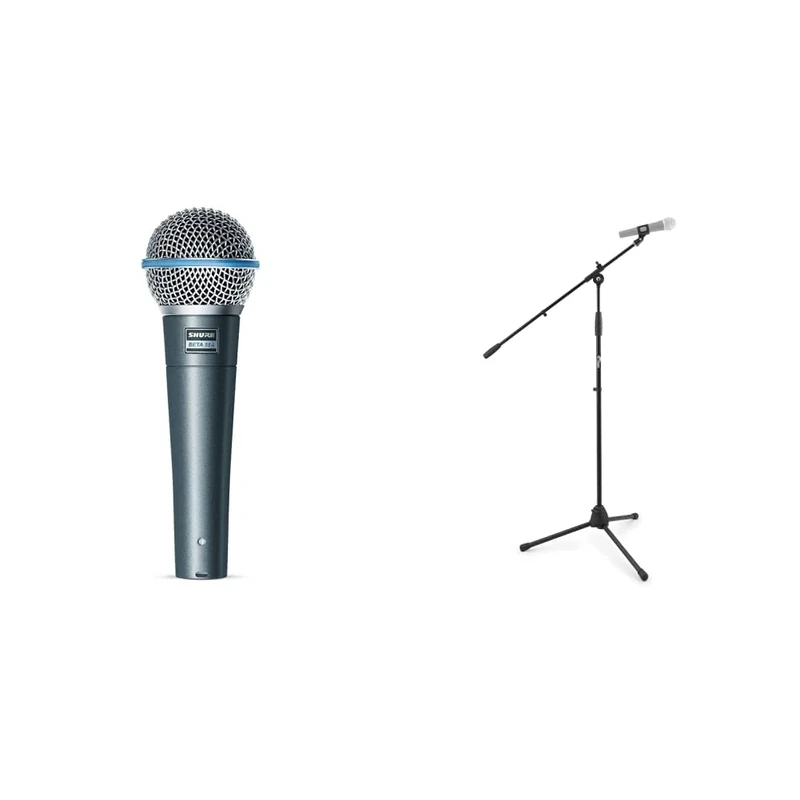 Shure BETA 58A Supercardioid Dynamic Vocal Microphone,Silver & Tiger MCA68-BK Microphone Boom Stand, Mic Stand with Free Mic Clip - Black