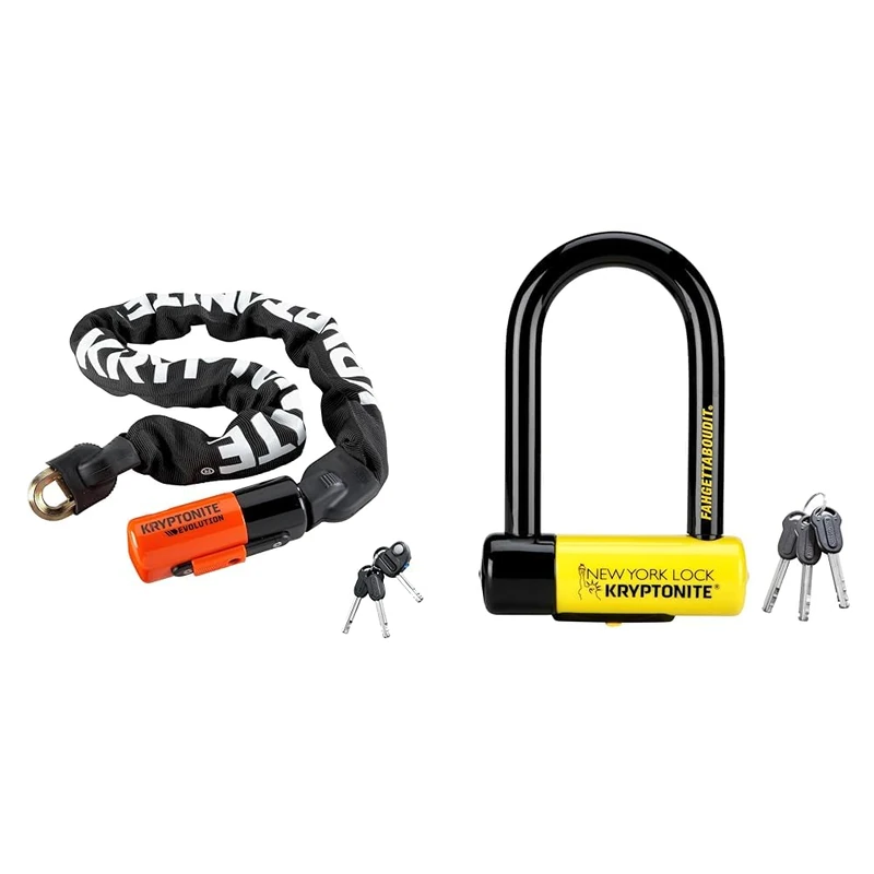 Kryptonite Unisex's Evolution Chain Lock, Black/Orange, 10mm x 90cm & New York FAHGETTABOUDIT Lock - Yellow, Mini
