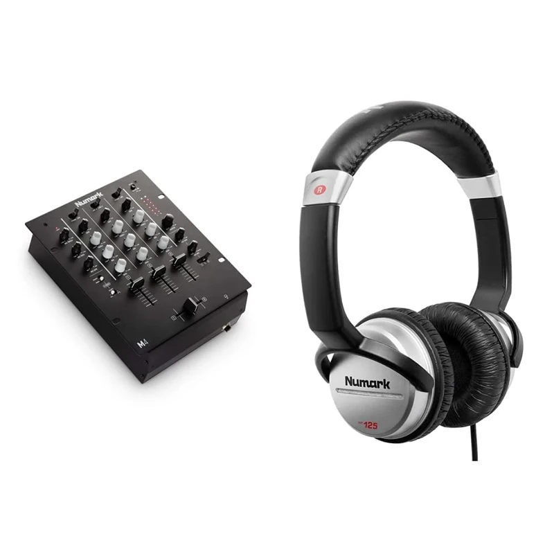 Numark M4-3-Channel Scratch DJ Mixer, Rack Mountable with 3-Band EQ, Microphone Input and Replaceable Crossfader & HF125 - Ultra-Portable Professional DJ Headphones with 6 ft Cable, 40 mm Drivers