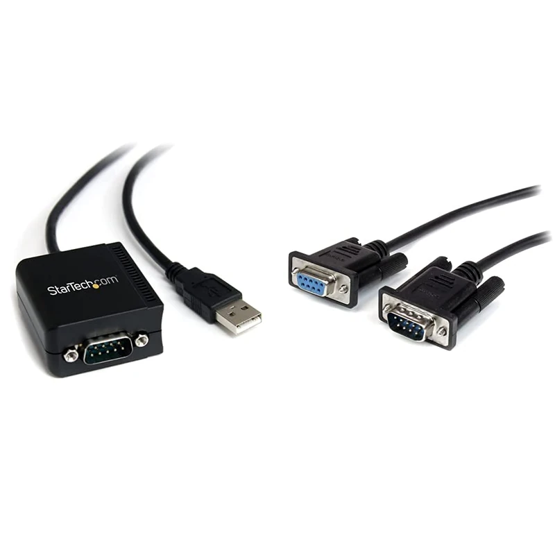 StarTech.com USB to Serial Adapter - 1 port - USB Powered - Black & 2m Black Straight Through DB9 RS232 Serial Cable - DB9 RS232 Serial Extension Cable - Male to Female Cable (MXT1002MBK)