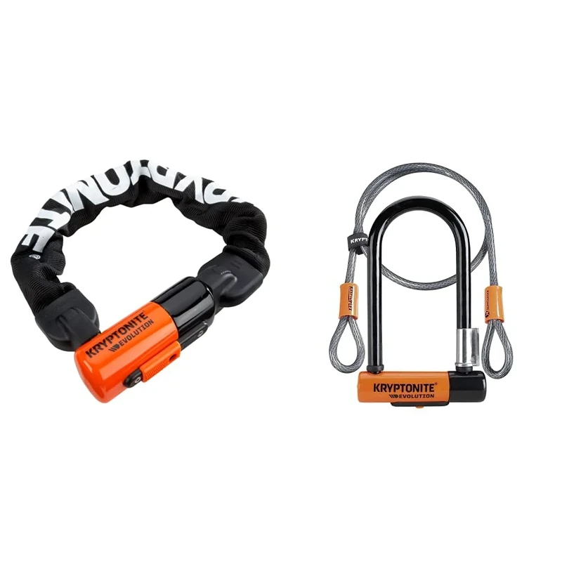 Kryptonite Unisex's Evolution Chain Lock, Black/Orange, 10mm x 55cm & Evolution Mini-7 Lock with Flex Cable and Bracket - Orange, 7-Inch