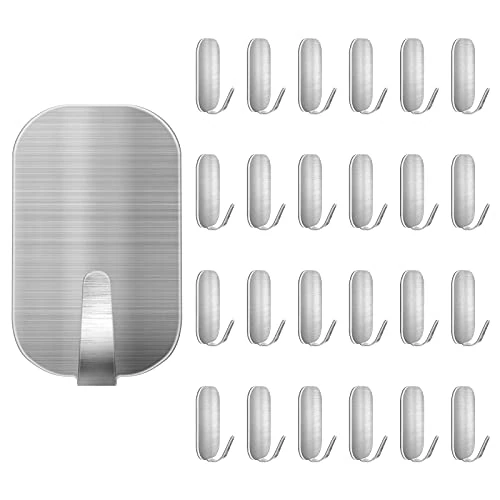 Auxmir Towel Hooks Pack of 25 Adhesive Hooks Self-Adhesive No Drilling Towel Holder Wall Hooks Stainless Steel Rustproof Ideal for Bathroom Toilet Kitchen Office Silver
