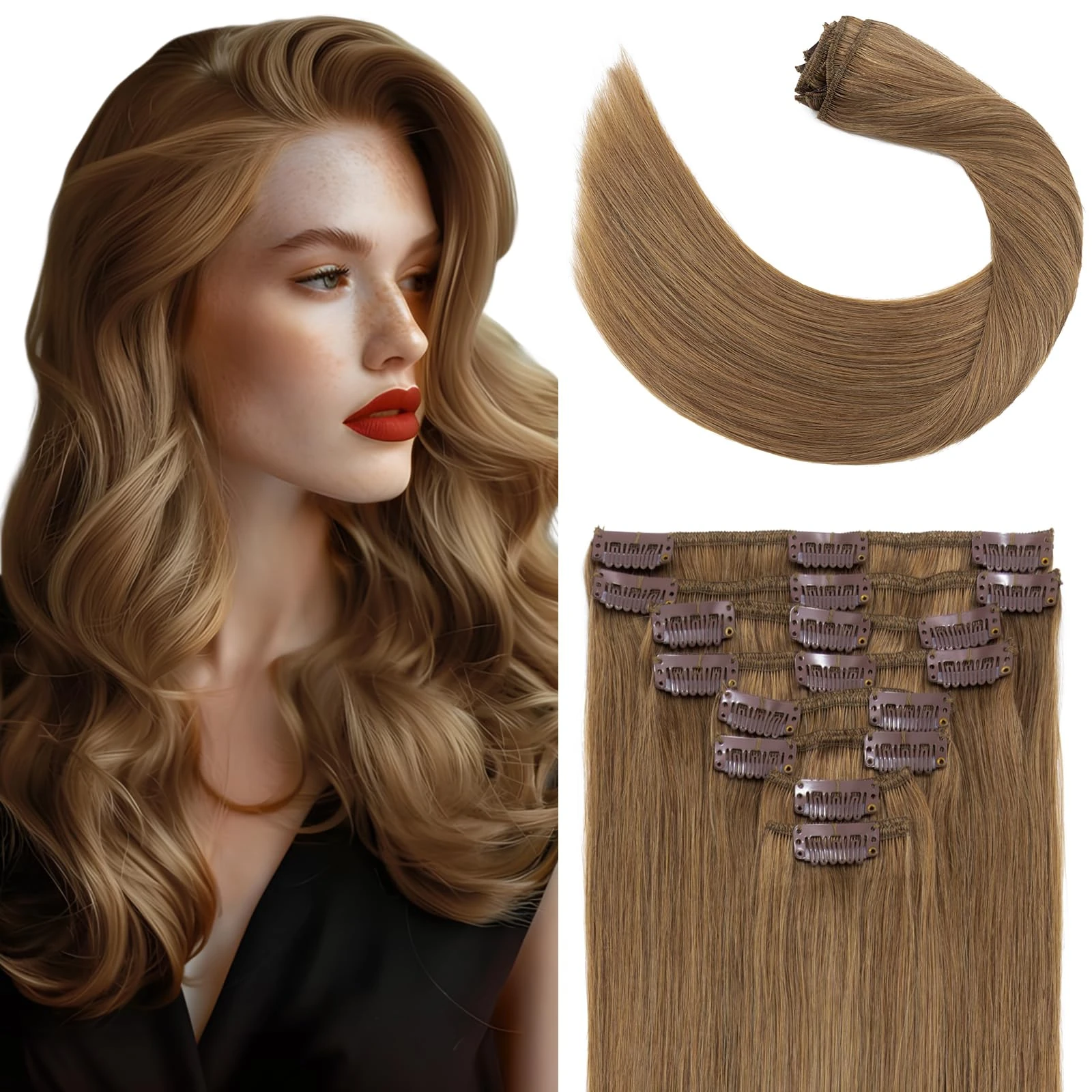 Elailite Standard Weft Clip in Hair Extensions Real Human Hair Remy Natural Hair - 8 Pieces Full Head Straight - #6 Light Brown - 18 Inch (100 g)