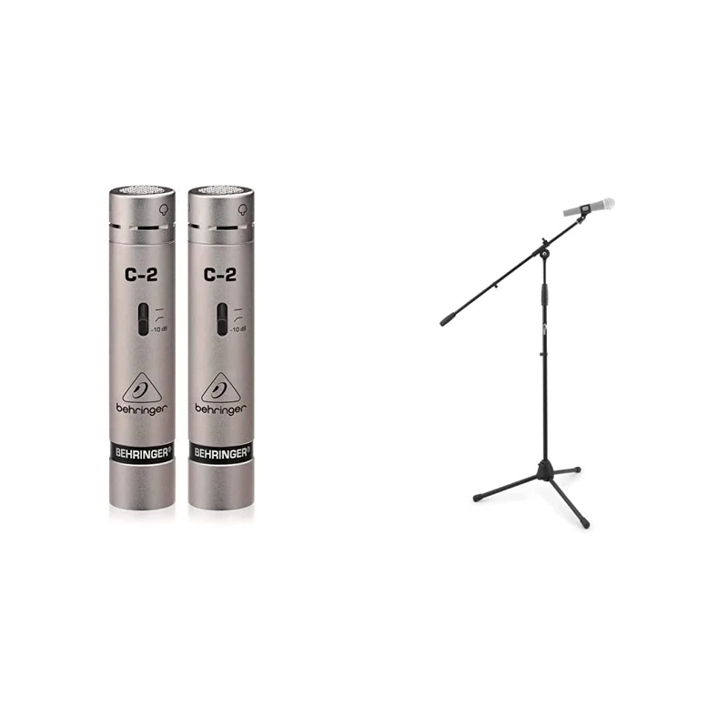 Behringer C-2 Studio Condenser Microphones (Pack of 2) & Tiger MCA68-BK Microphone Boom Stand, Mic Stand with Free Mic Clip - Black