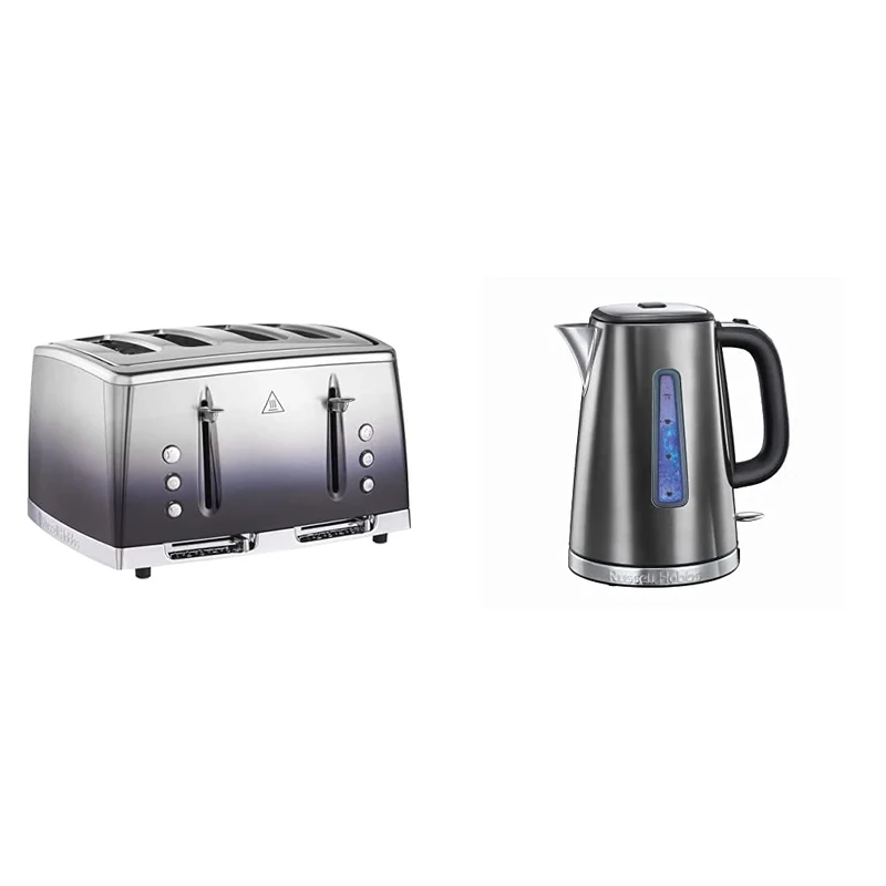 Russell Hobbs 25141 Midnight Blue Eclipse Polished Stainless Steel Ombre Four Slice Toaster & 23211 Luna Quiet Boil Electric Kettle, Stainless Steel, 3000 W, 1.7 Litre, Grey