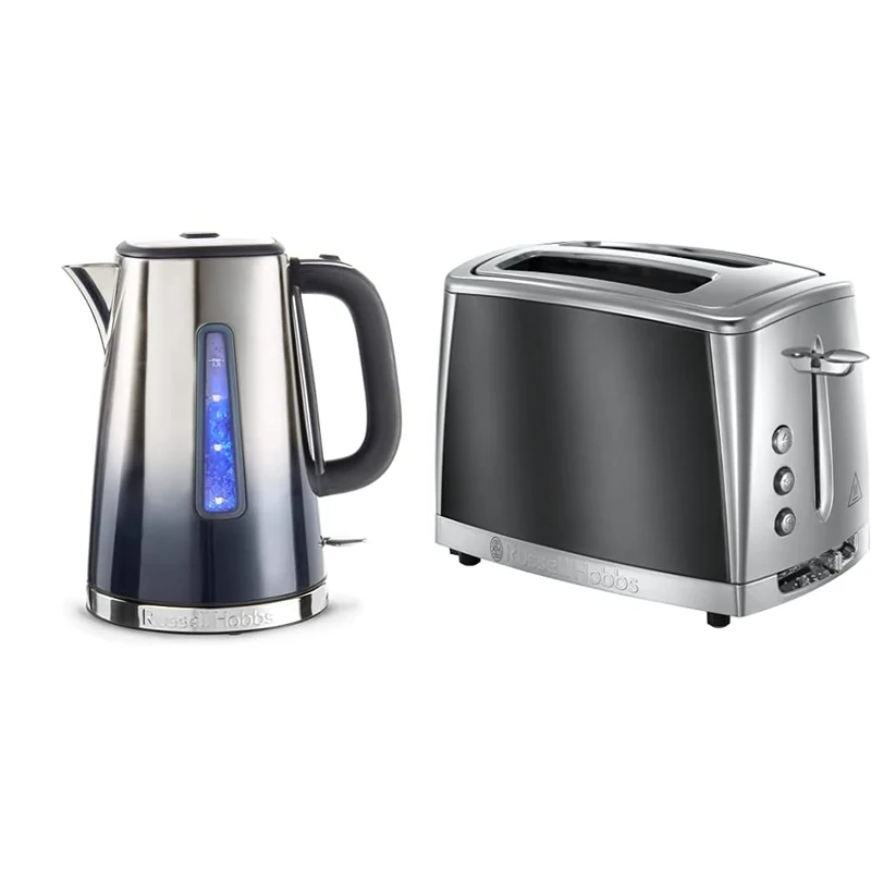 Russell Hobbs 25111 Eclipse Polished Stainless Steel and Midnight Blue Ombre Electric Kettle, 3000 W, 1.7 Litre & 23221 Luna Two Slice Toaster, 1500 W, Grey