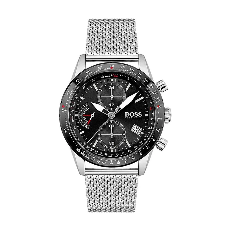 BOSS Chronograph Quartz Watch for Men Pilot Edition Chrono Collection with Silver Stainless Steel Mesh Bracelet - 1513886