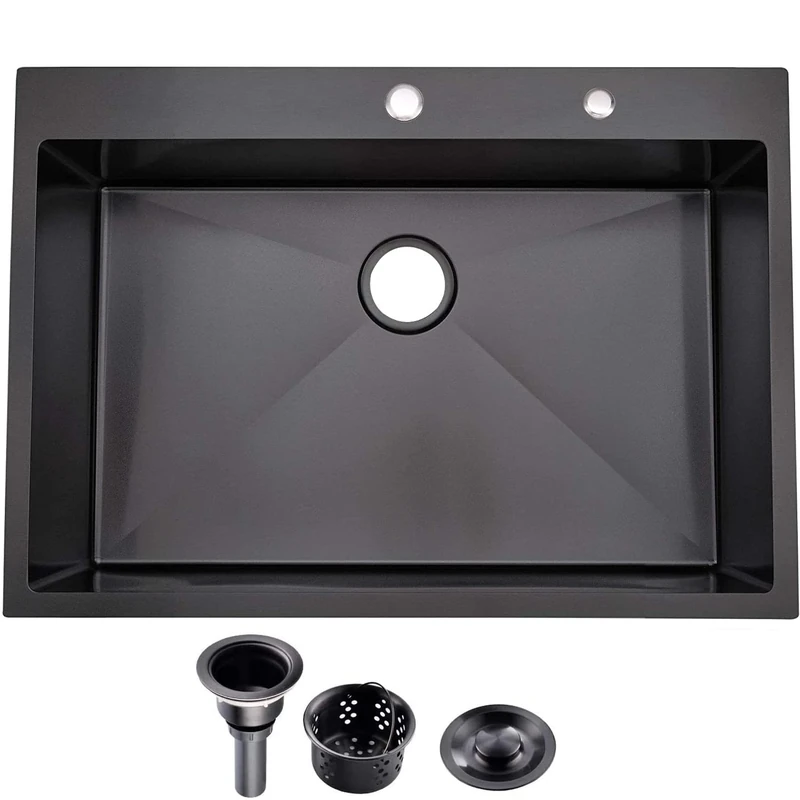 33″x22″x9″ Drop in Kitchen Sink Black, Top Mount SUS304 Stainless Steel Gunmetal Black Sink 18 Gauge Single Bowl, Handmade Commercial Modern Workstation Prep Kitchen Sinks