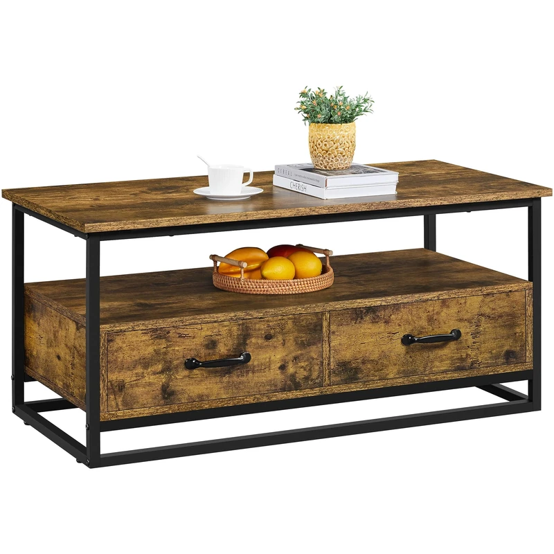 Yaheetech Coffee Table with Storage Drawers, Industrial Side Tea Table for Living Room Home Furniture, Metal Frame, 100x 48 x46 cm