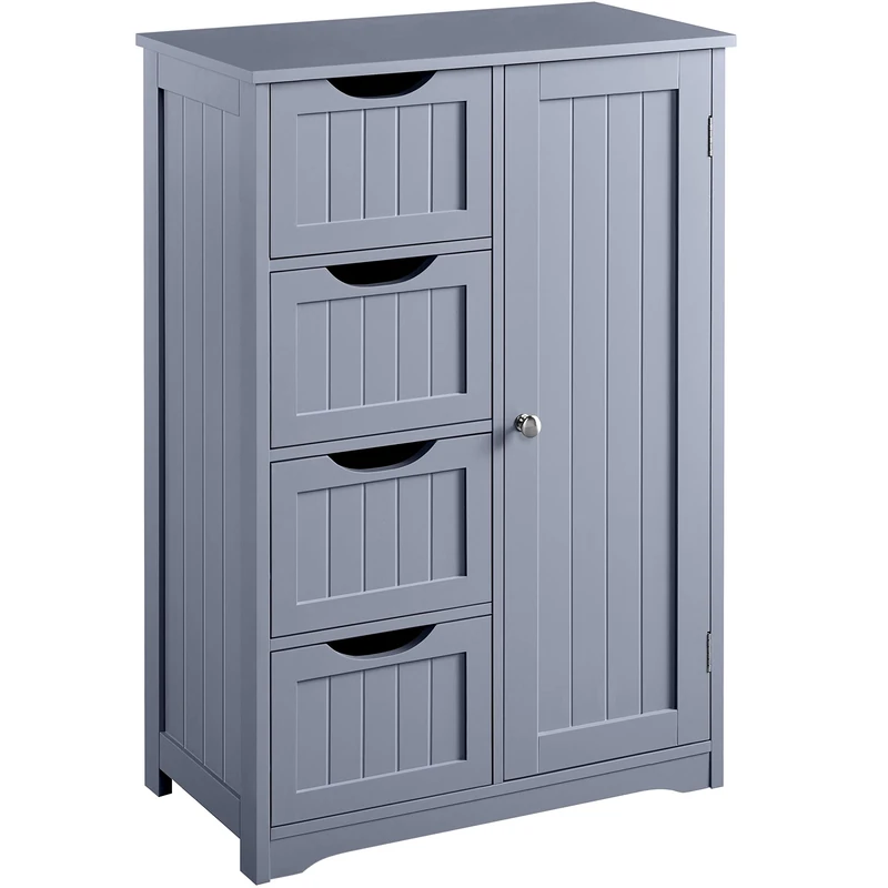 Yaheetech Bathroom Floor Cabinet Cupboard Free Standing Wooden Cabinet Storage Unit with 4 Drawers & 1 Door, Adjustable Shelf, Grey