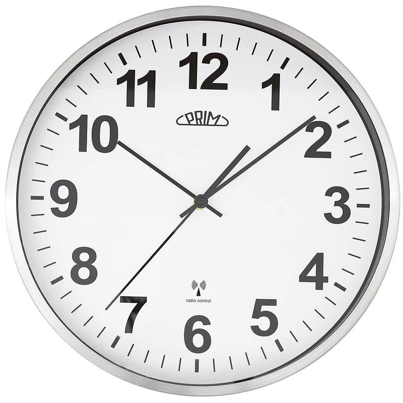 PRIM Design Radio Control Wireless Wall Clock, White/Silver, Radio-Controlled Metal, Radio-Controlled Wall Clock, Modern, Beautiful Decoration for Any Room, Diameter 303 mm, Perfect as a Kitchen
