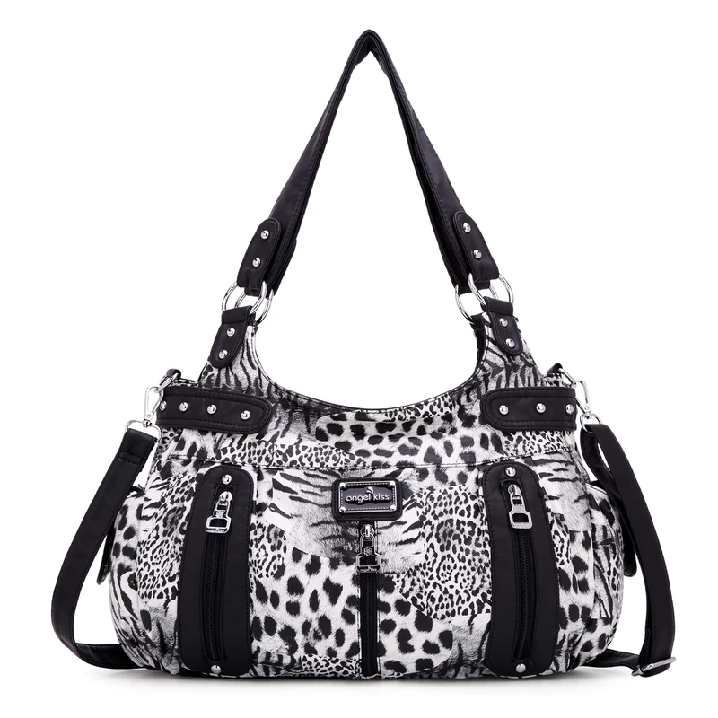 Angel Kiss Large Purses and Handbags for Women Washed Faux Leather Crossbody Hobo Satchel Shoulder Handbag Tote Purse, Leopard-black, XL