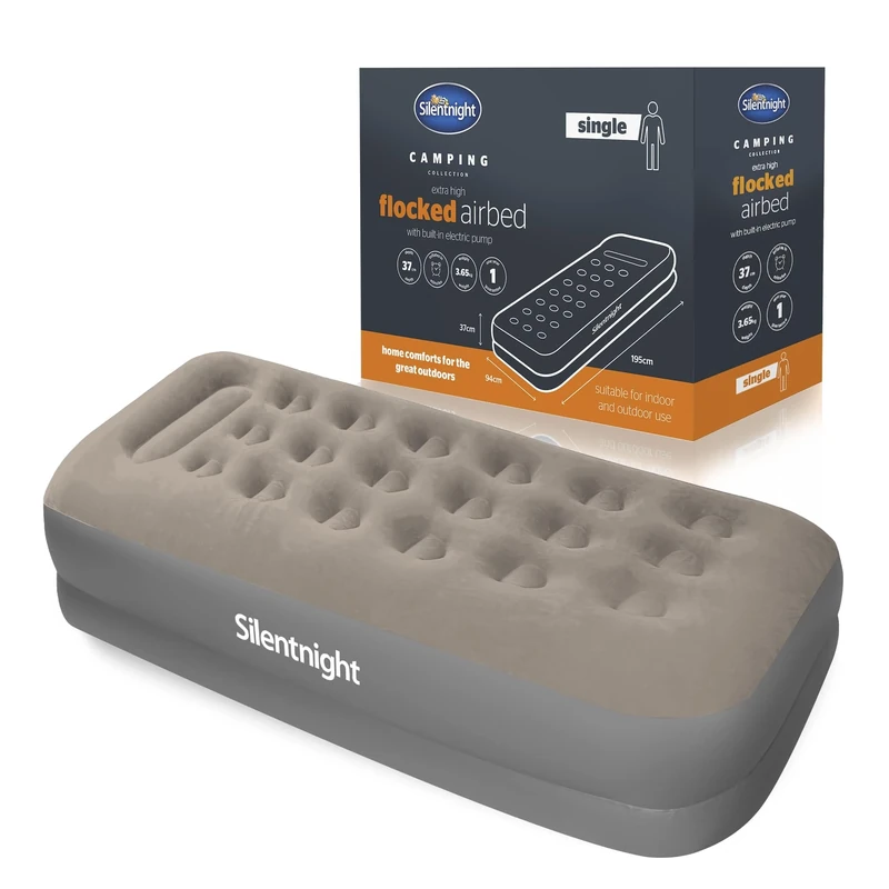 Silentnight Air Bed Single with Built in Pump - High Rise Flocked Non Slip Electric Airbed Comfortable Full Body Support Air Mattress for Guests, Camping, Caravans - Grey – Single