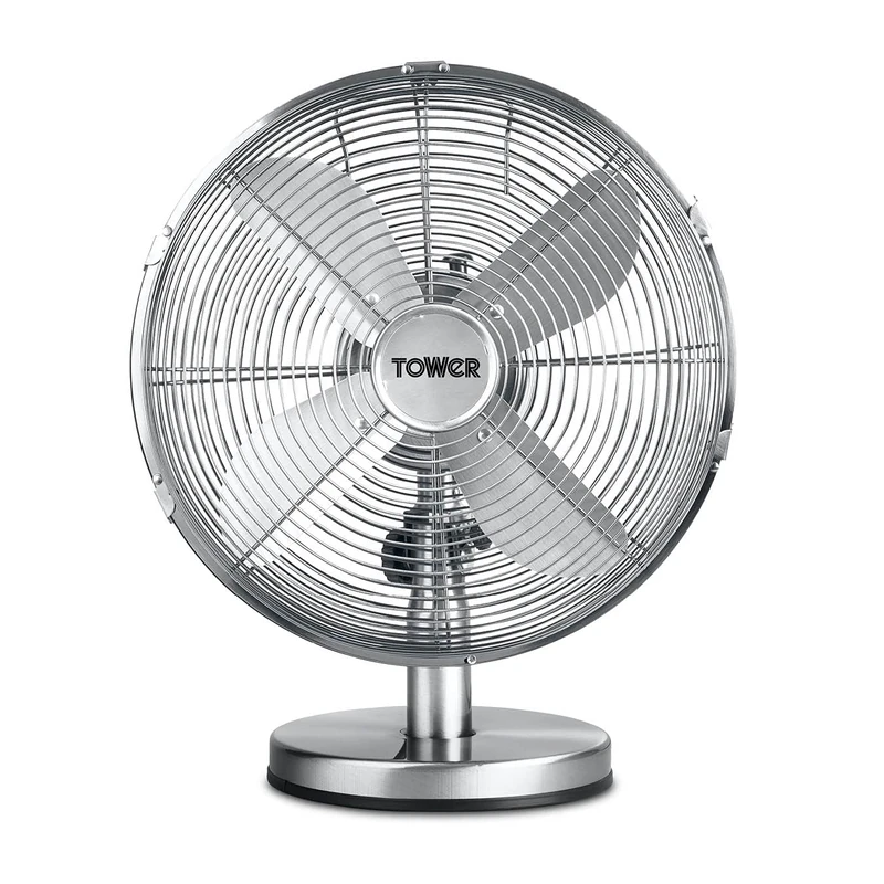 Tower Metal Desk Fan with 3 Speeds, Automatic Oscillation, 12”, 35W, Chrome, T605000