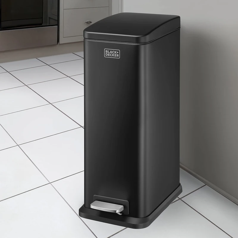BLACK+DECKER BXBN0008E 20L Black Slimline Pedal Bin with Soft Close Lid, Stainless Steel, 56cm x 22cm x 36cm
