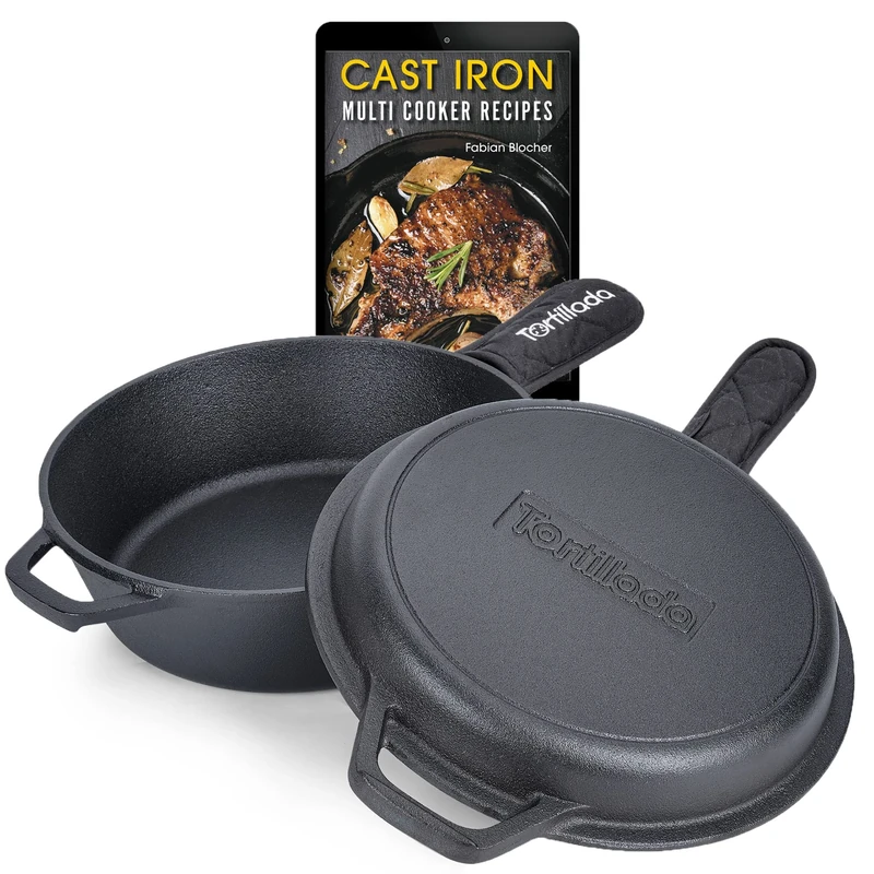 Tortillada - Cast Iron Skillet (26 cm) & Pot | Dutch Oven (3.5 Liter) | Preseasoned Cast Iron Combo Cooker + Handle Holder + E-Book with 50 Recipes, Kitchen Cookware