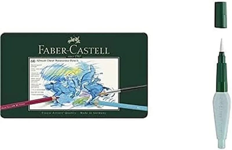 Faber-Castell F117560 Albrecht Durer Watercolour Pencils Tin Of 60 & 6ml Water Tank Brush for Watercolouring - Image 1