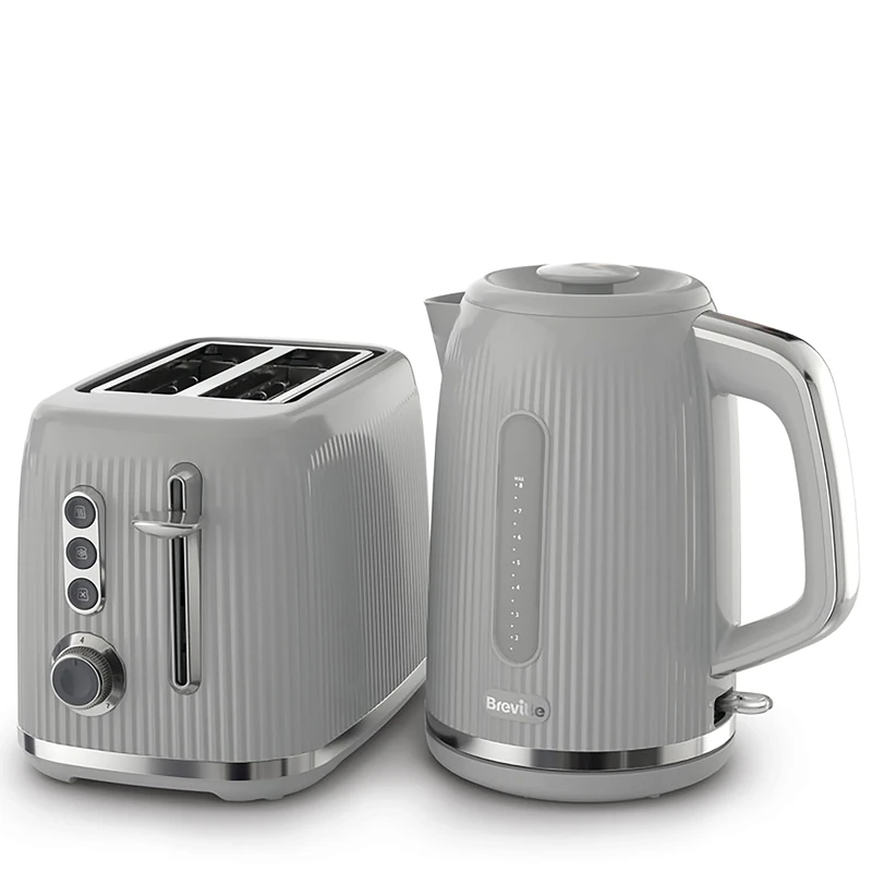 Breville Bold Grey Kettle and Toaster Set | with 1.7 Litre, 3KW Fast-Boil Electric Kettle and 2-Slice High-Lift Toaster | Grey and Silver Chrome [VKT222 and VTR002]