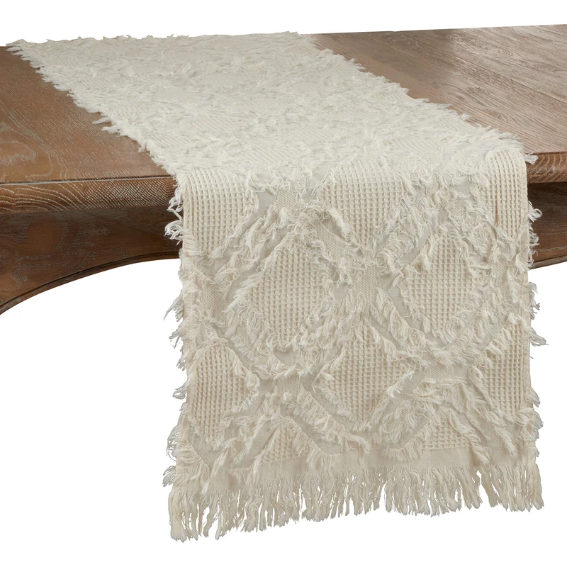 SARO LIFESTYLE Ivoryline Collection Fringe Waffle Weave Table Runner, 16" x 90", Ivory