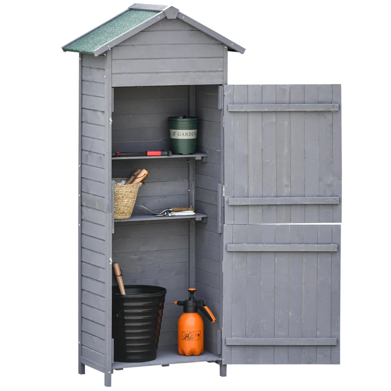 Outsunny Wooden Garden Storage Shed Utility Gardener Cabinet w/ 3 Shelves, Tilted-felt Roof and Two Lockable Doors, 79cm x 49cm x 191.5cm, Dark Grey