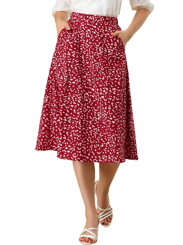 Allegra K Women's Floral Print A-Line Midi Skirt Chiffon Summer Vintage Skirts, Red, Small - Image 1
