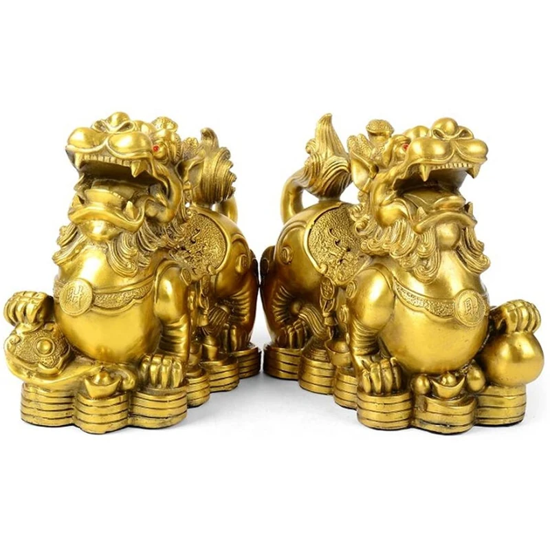 CCYMLOA Feng Shui pixiu Brass Statue A Pair pi yao Sculpture Home Decor Golden Decoration Figurine Attract Money and Good Luck (3.2" L x 1.6" W x 2.8" H) - Image 1