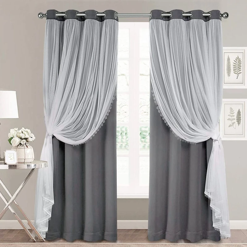 SOFJAGETQ Dark Grey Blackout Curtains for Bedroom, Nursery - 84 inch Length Double Layers and Sheer with Lace Hem Luxury Window Curtain & Drapes Panels for Living Room with Extra Tie-Backs, 2 PCs