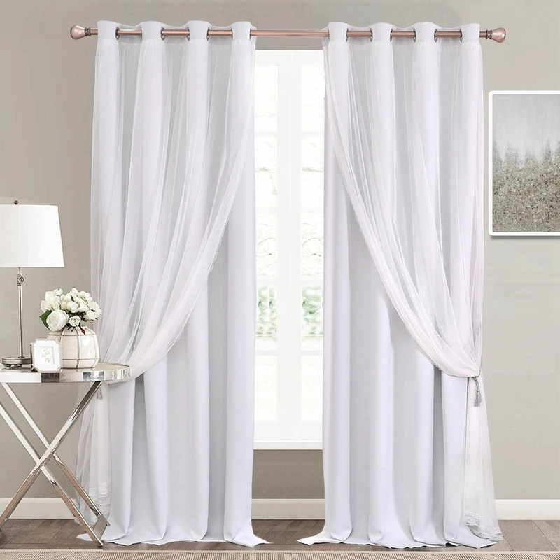 SOFJAGETQ Greyish White Curtains Double Layered Solid Blackout and Sheer Window Treatment Panels Pair with Grommet Top for Living Room Patio Door, 52 x 96 inches, Greyish White, 2 PCs