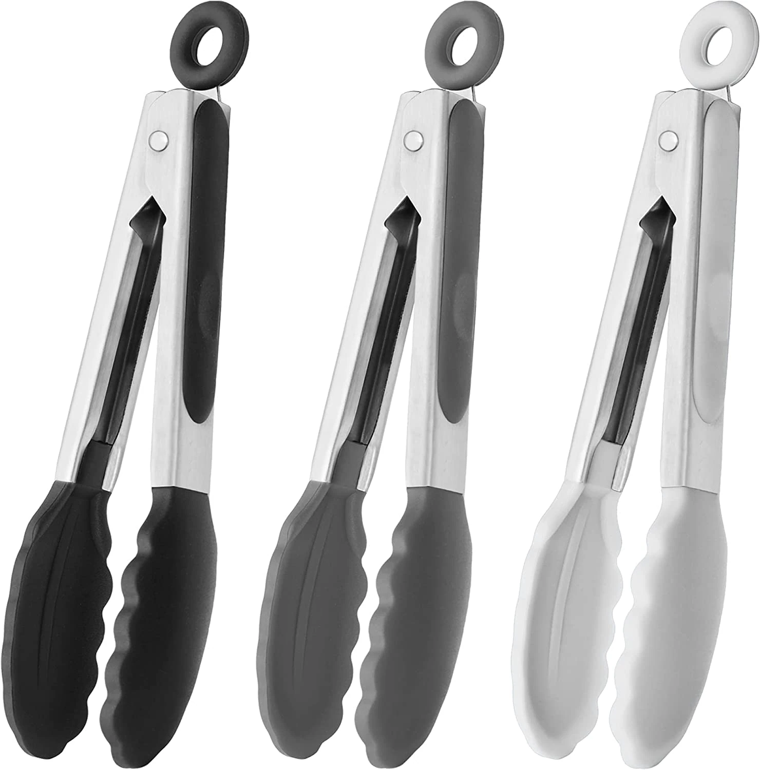 HINMAY 7-Inch Small Silicone Tongs Mini Serving Tongs Kitchen Cooking Tongs, Set of 3 (Black Grey White)