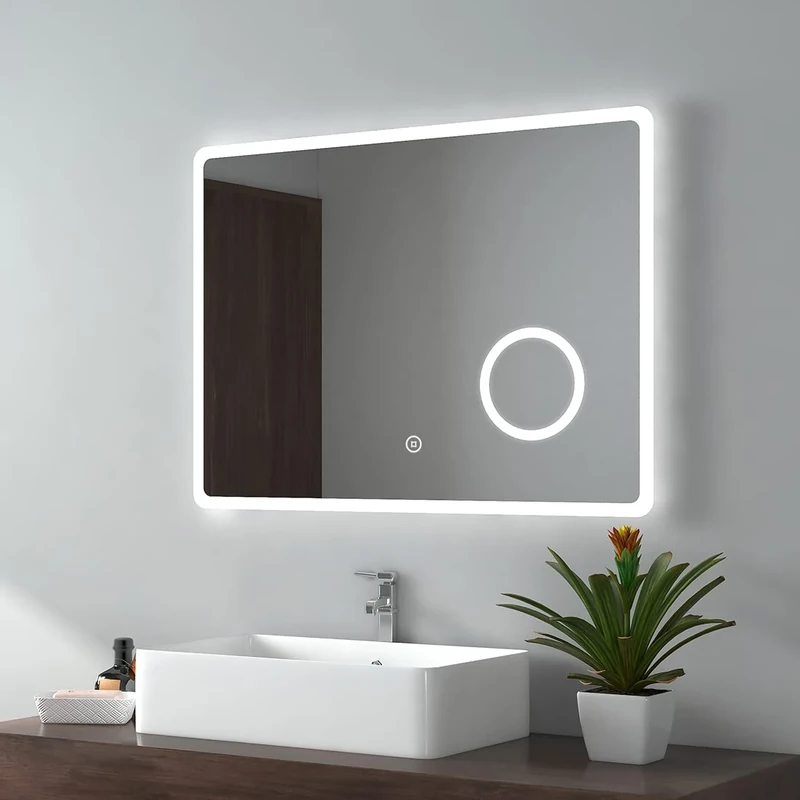 EMKE Illuminated Bathroom Mirror with LED Lights - 800 x 600mm Wall Mounted Vanity Makeup Mirror with Shaver Socket, Touch Switch, Demister Pad, 3X Magnifier