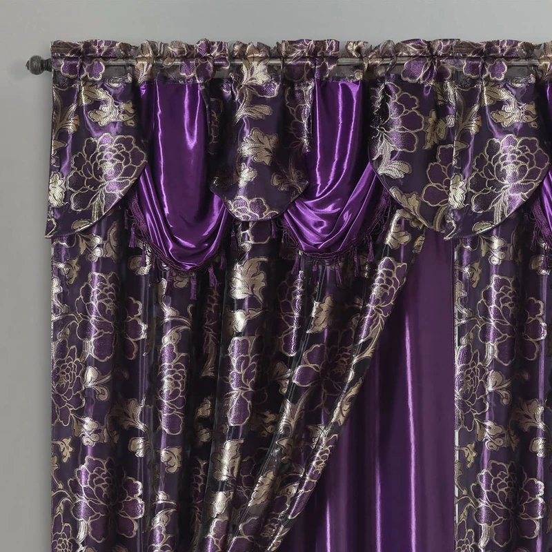 GOHD Royal ROSARIUM. Clipped Voile/Voile Farmhouse Jacquard Window Curtain Panel Drape with Attached Fancy Valance & Taffeta Backing.2pcs Set. Each pc 54" Wide x 84" Drop + 18" Valance. (Purple) - Image 1