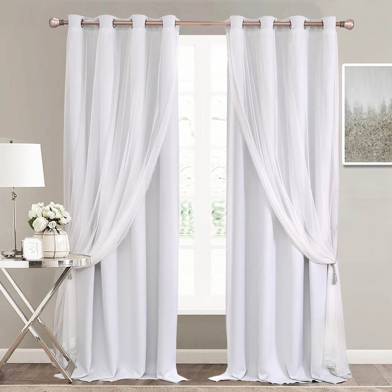 SOFJAGETQ Greyish White Curtains 84 inch Length - Double Layers Voile Sheer Curtains & Draperies Panels with Lace Hem for Bedroom Living Room, Greyish White Blackout Curtains, Set of 2