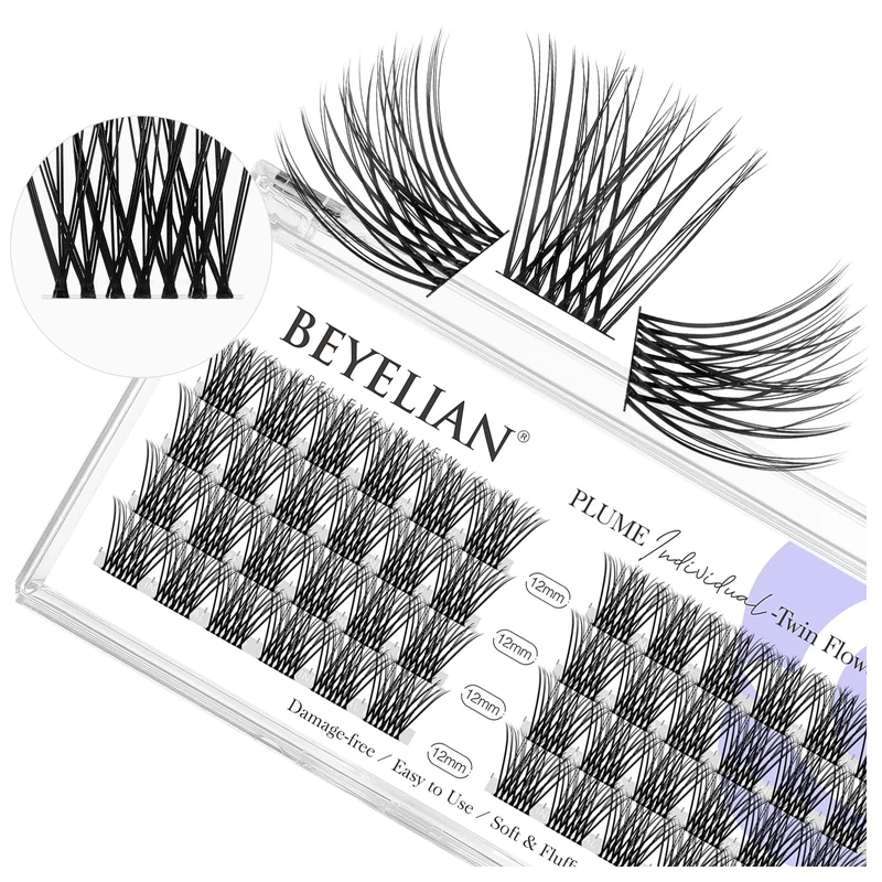 BEYELIAN Cluster Lashes, C Curl Individual Lashes, Cluster Eyelash Extensions 48 Pcs 0.07mm 12mm DIY Lash Clusters Reusable Super Thin Clear Band Eyelashes at Home (Twin Flowers)