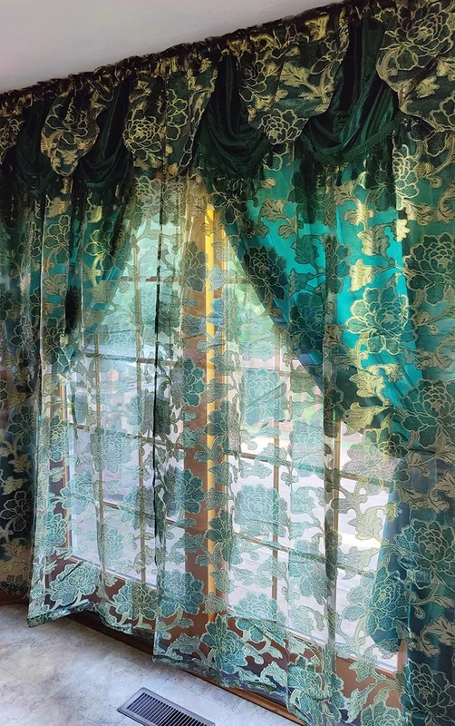GOHD Golden Ocean Home Decor Royal ROSARIUM Clipped Voile/Voile Jacquard Window Curtain Panel Drape with Attached Fancy Valance & Taffeta Backing. 2pcs Set.54'' Wide x 84'' Drop + 18'' (Teal)