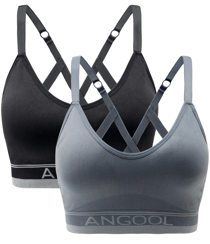 ANGOOL Women's Wireless Seamless Sports Bra, Padded Racerback Adjustable Straps Longline Yoga Gym Training Bra, Black+Grey, M