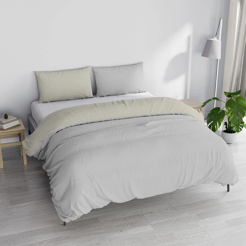 Italian Bed Linen Duvet Cover Set “Natural Colour” with Doubleface Solid Colour Bag Sheet and Pillowcase, Light Gray/Cream, Single, Double